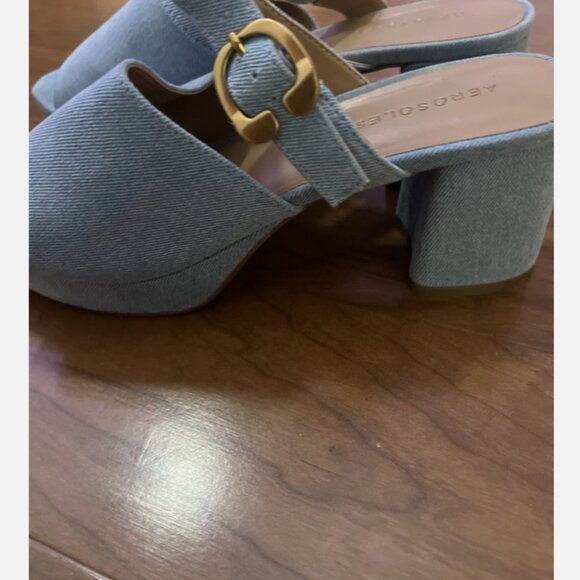 Aerosols Women’s 9 Wide Fit Denim Blue Gold Buckle Slip On Mule Block Sandal - Picture 4 of 7